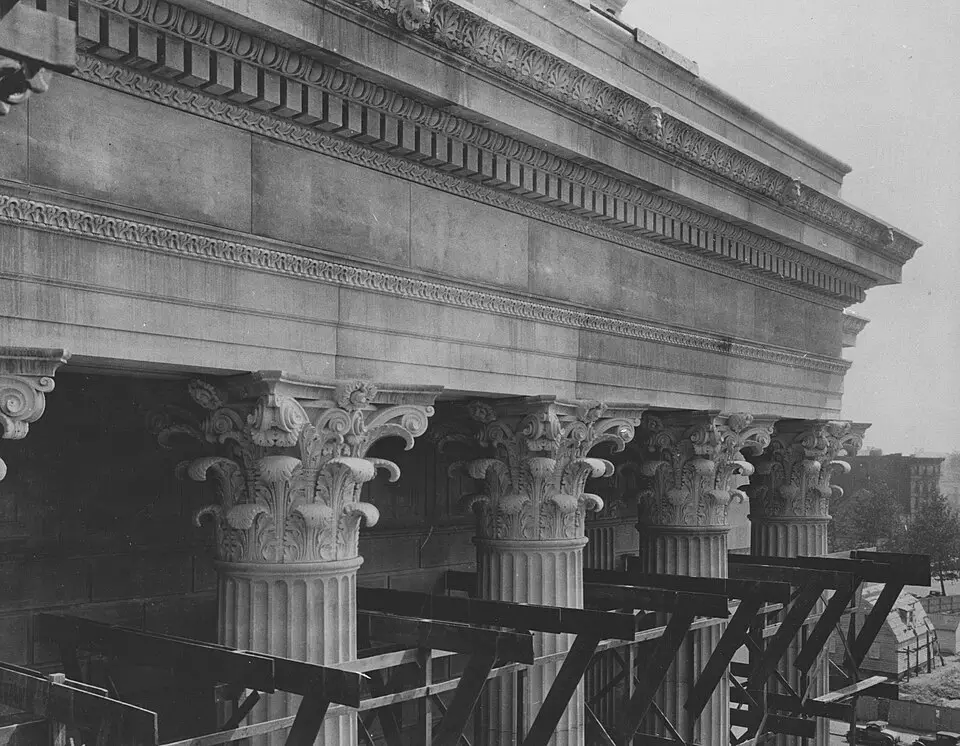 Corinthian column capitals on the National Archives Building under construction, Washington, D.C., 1935