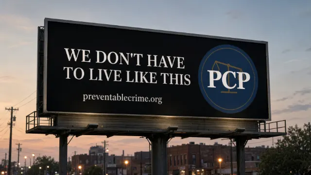 A billboard reading "We don't have to live like this," preventablecrime.org
